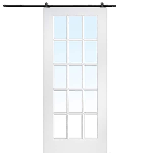 36 in. x 84 in. 15 Lite True Divided Primed MDF Sliding Barn Door with Hardware Kit