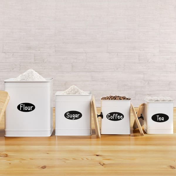 4-Piece Iron Kitchen Canister Set, Airtight Containers with Bamboo Lids and Chalkboard Labels, for Flour, Suga, in White