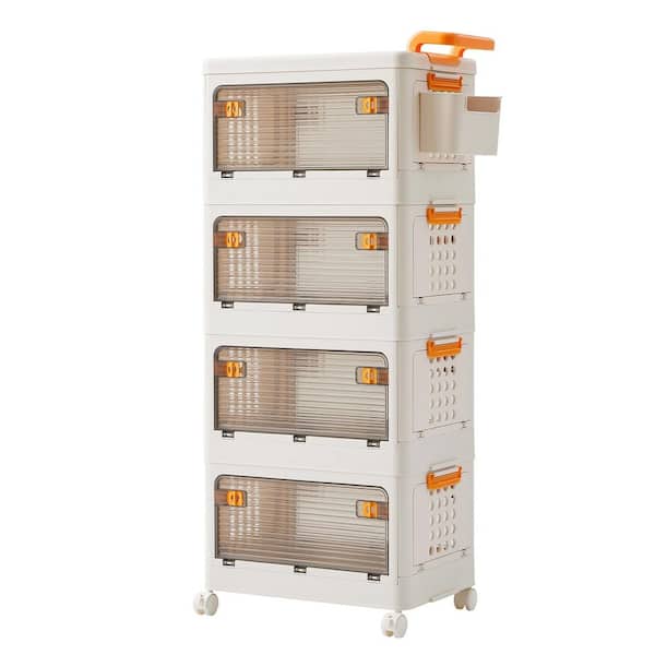 Beige Stackable Storage Bins with Lid and Door, 4-Tier Foldable Storage Containers for Bedroom/Living Room Organization