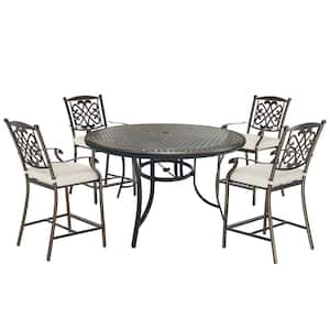 5-Piece Cast Aluminum Outdoor Dining Bar Height Set with Round Dining Table and Flower-Shaped Chairs with Beige Cushions