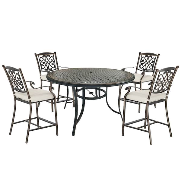 Clihome 5-Piece Cast Aluminum Outdoor Dining Bar Height Set with Round Dining Table and Flower-Shaped Chairs with Beige Cushions