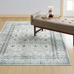 Treasure Cambria Beige/Navy Blue 5 ft. x 7 ft. Geometric Machine Washable Runner Area Rug