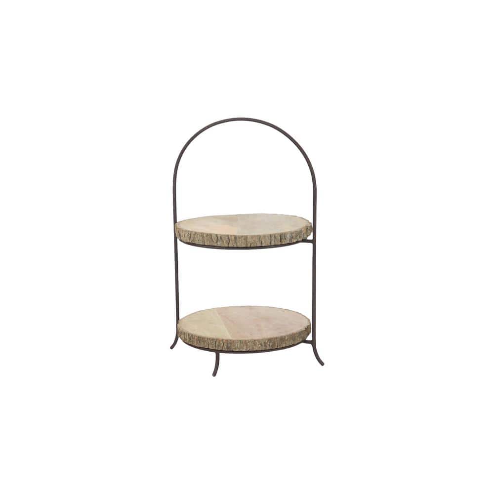 2-Tiered Brown Pine and Metal Display