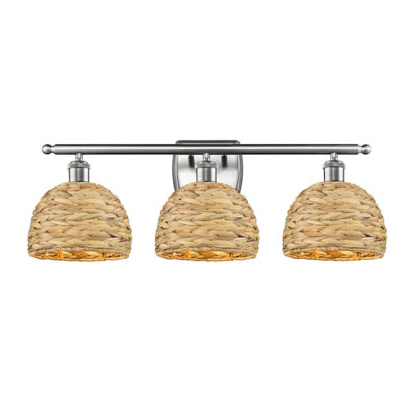 Woven Rattan 28 in. 3-Light Satin Nickel Vanity Light with Rattan Shade
