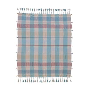 Multicolor Woven Recycled Cotton Blend Throw Blanket with Plaid Pattern and Braided Fringe