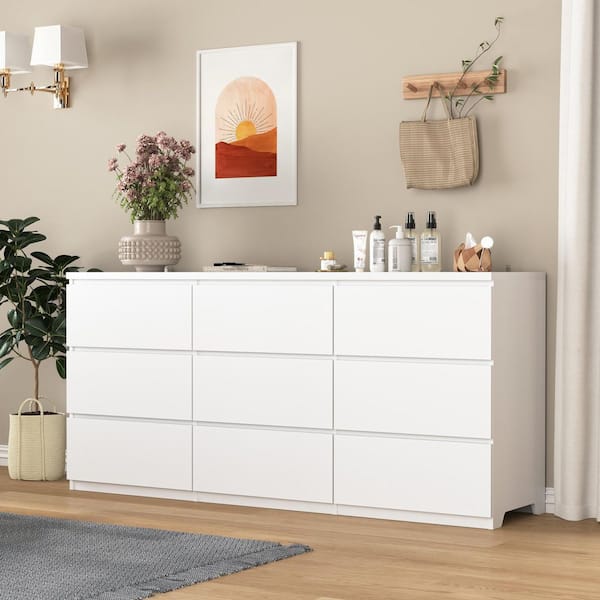 Irix Modern White 9-Drawer 63 in. Wide Dresser, Chest of Drawers with Handle-Free Design
