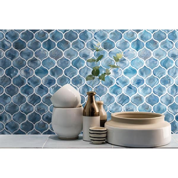 Take Home Tile Sample - Blue Shimmer Arabesque 6 in. x 6 in. x 8 mm Glossy Glass Mosaic Tile