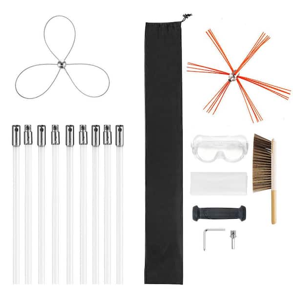 Chimney Sweep Kit, 8-Piece Cleaning Tool, 30 ft. Maximum Length, Cleaner Sweeper with Dual Brush Heads, Brush & Goggles