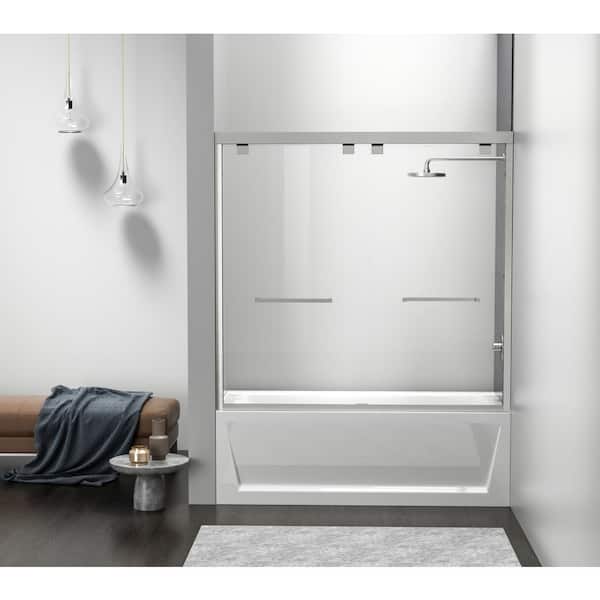 Unbranded Simply Living 60 in. W x 60 in. H Semi-Frameless Sliding Tub Door in Brushed Nickel with Clear Glass