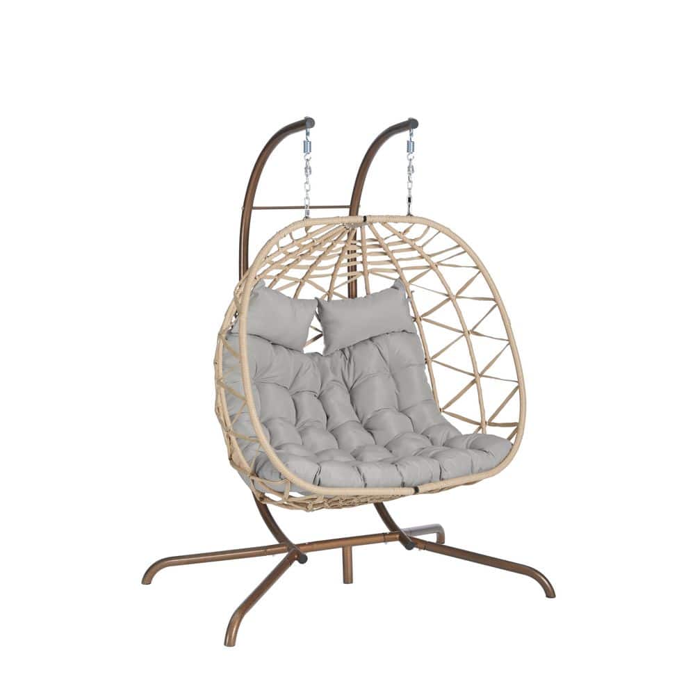 2-Person Beige Wicker Patio Swing with Light Gray Cushions, Double Egg Chai
