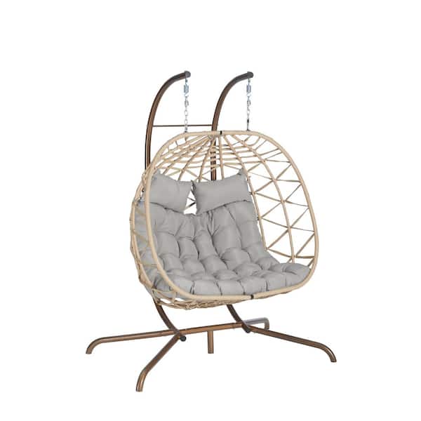 Unbranded 2-Person Beige Wicker Patio Swing with Light Gray Cushions, Double Egg Chair Porch Swing Chair with Stand Hanging