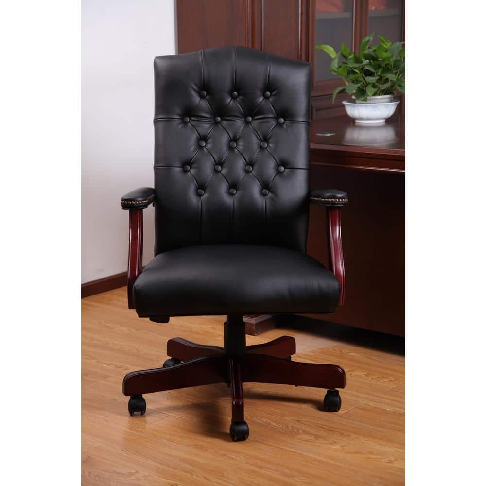 Classic Elegance High-Back Executive Chair in Black Leather and Mahogany