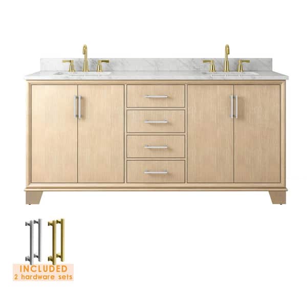 Nanterre 72 in. Double Sink Desert Birch Bath Vanity with White Natural Carrara Marble Top (Assembled)
