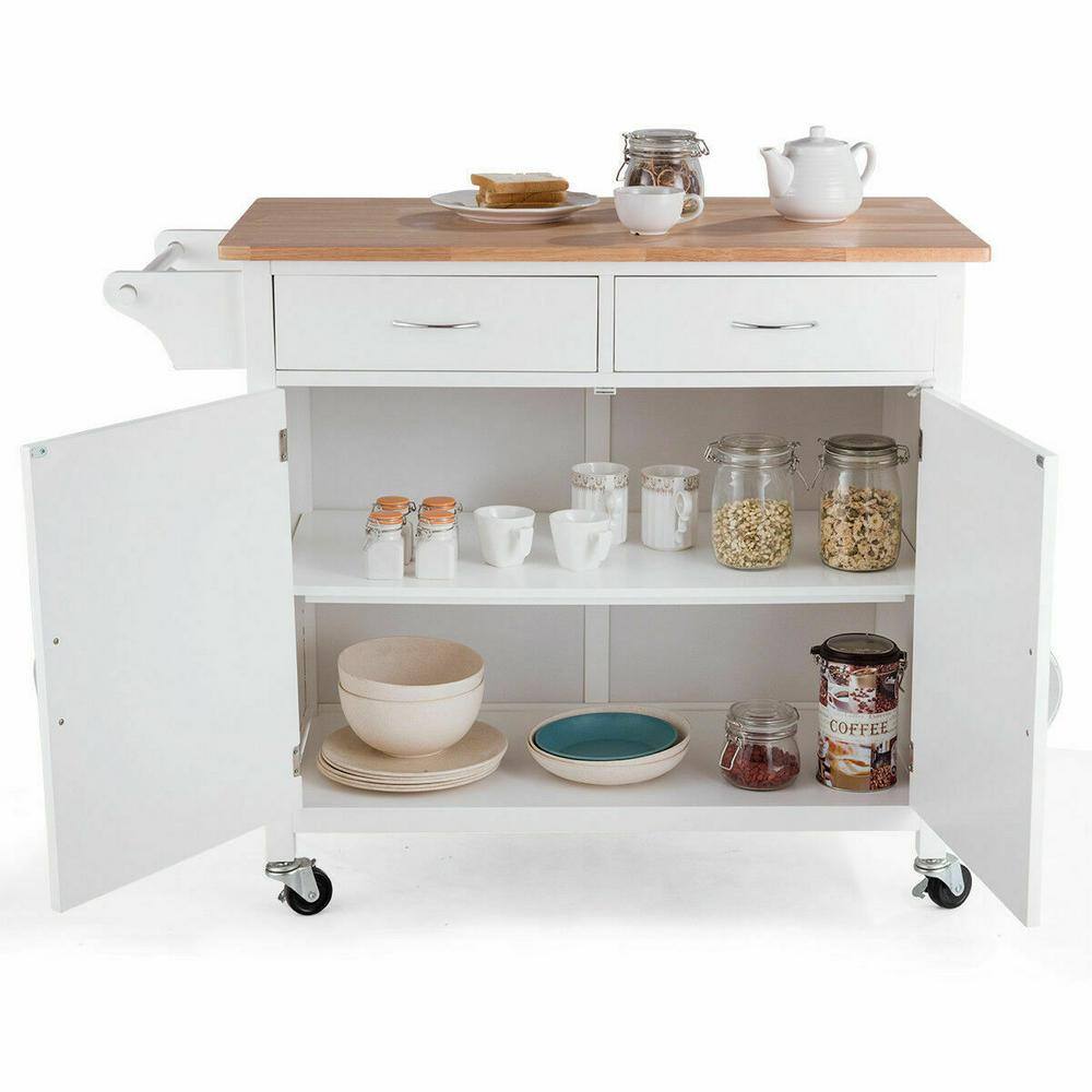Elegant White Rolling Kitchen Cart with Rubber Wood Top and Storage