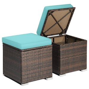 Wicker Outdoor Ottoman Multi-Purpose Footstool Storage Box Side Table with Removable Turquoise Cushions (2-Pack)