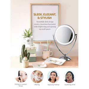 Magnifying Dimmable Cool-Tone LED Light Polished Chrome Lighted Tabletop Makeup Mirror, 1x 5x Magnification