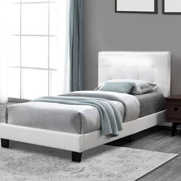Benjara White Wooden Frame Queen Platform Bed with Checkered Tufted Headboard