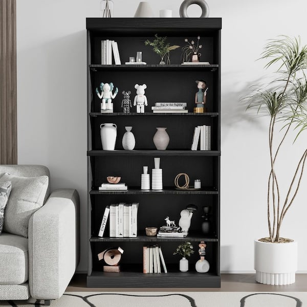 62 in. Tall Black Wood 4-Shelf Standard Bookcase with Adjustable Shelves, Storage