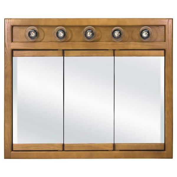 Design House Richland 36 in. x 30 in. x 5 in. Surface-Mount 5-Light Tri-View Bathroom Medicine Cabinet in Nutmeg Oak