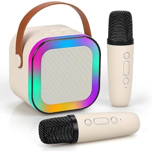 Mini Portable Blue-Tooth Karaoke Speaker White with 2 Wireless Microphones and Dynamic Lights for Kids Adults