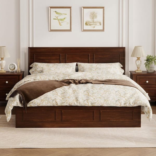 Brown Wood Frame Queen Size Platform Bed with Adjustable Height Headboard