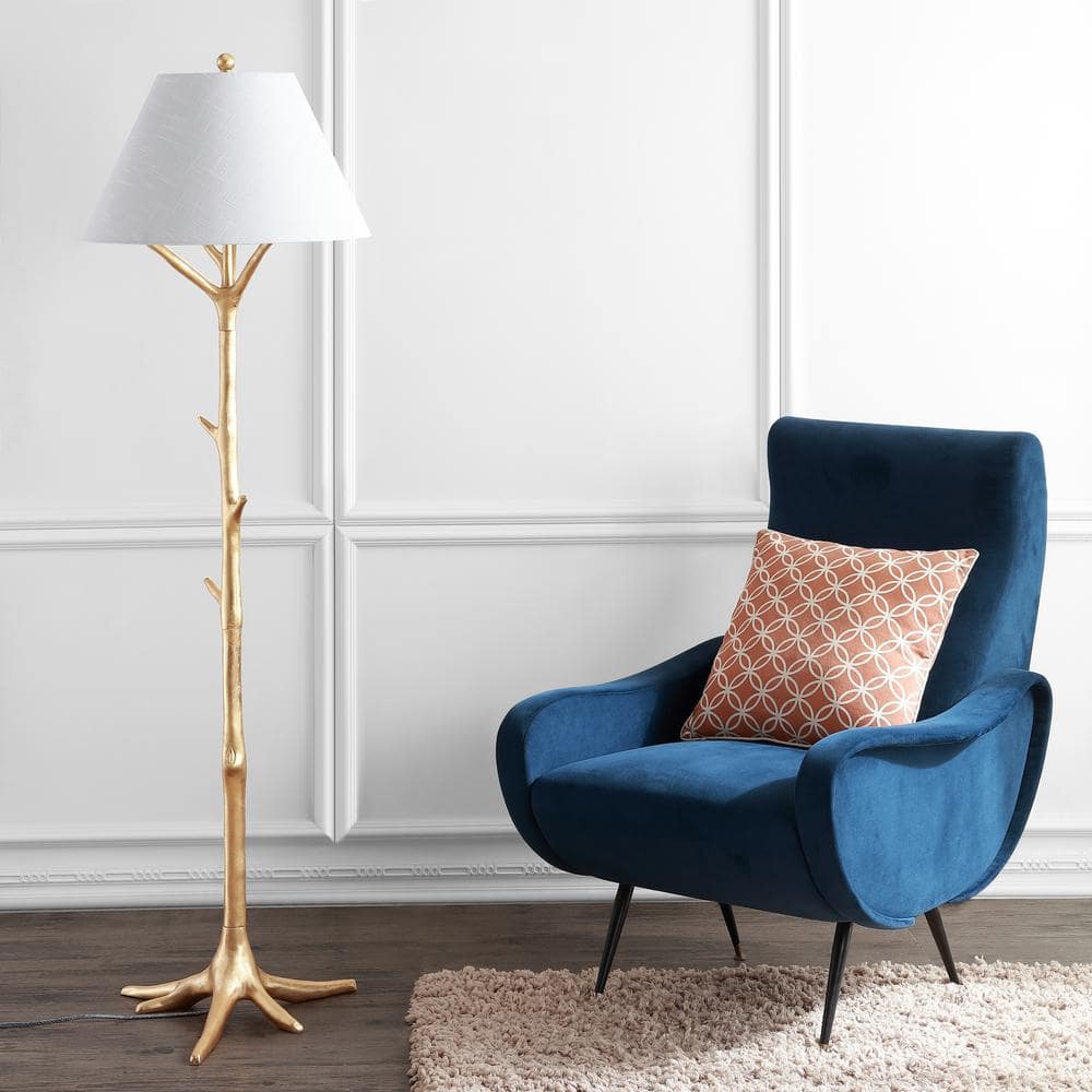 Arbor Gold Faux Bois Resin Arc Floor Lamp with White Shade