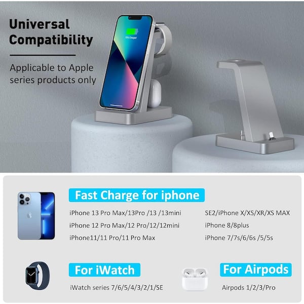 Silver New Charging Station for iPhone - 3 in 1 Wireless Charger Stand for Apple Watch Series for iPhone with Adapter