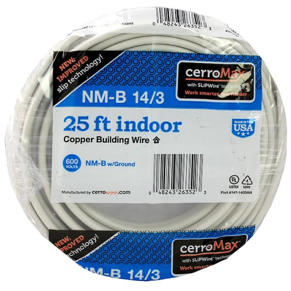 White Cerrowire 147-1403AR 25-Feet 14/3 NM-B Solid with Ground Wire 