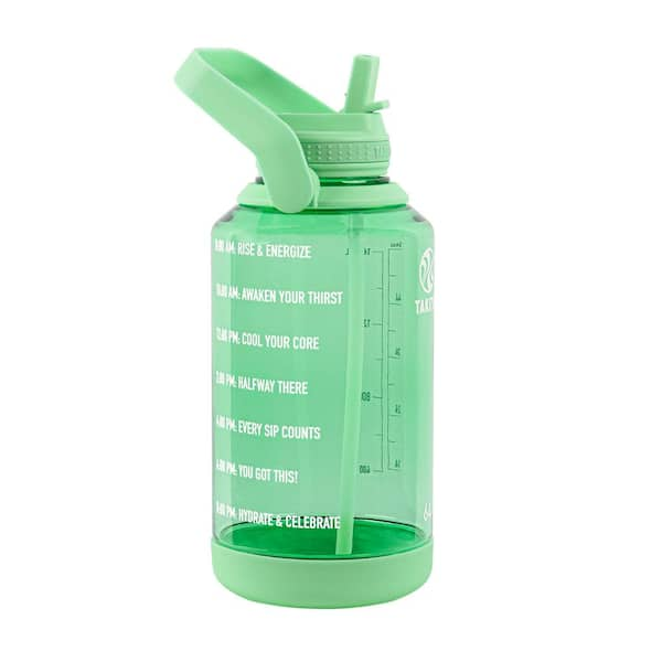 64 oz Motivational Water Bottle with Straw and Time Marker Leakproof BPA Free Green Cap