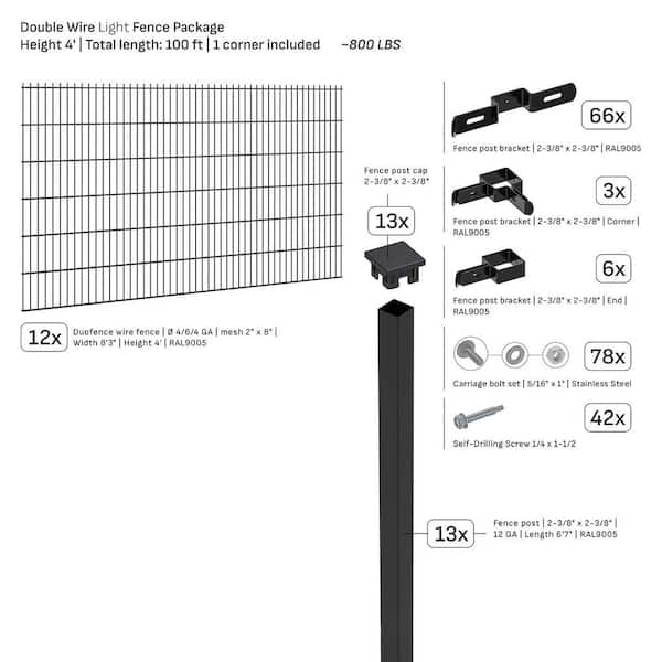 Double-Wire Light 100 ft. x 4 ft. Steel Flat Top Spaced Black Fence Panel Package