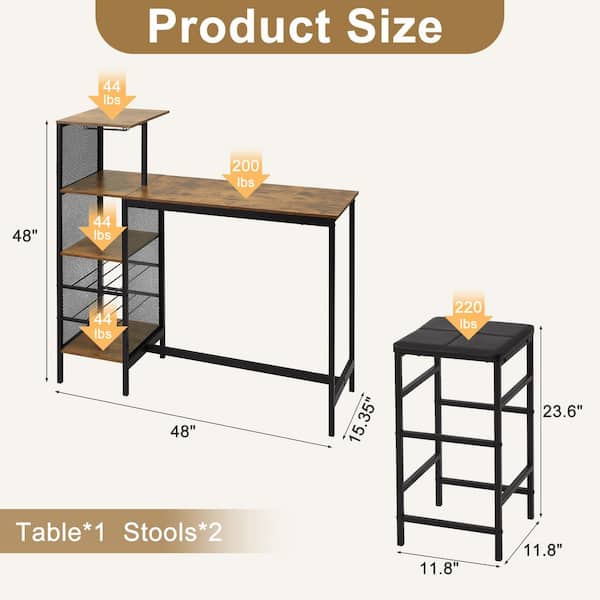 3-Piece Dining Set High Top Table with 2-PU Padded Chair for Breakfast, Kithchen, Living Room, Brown
