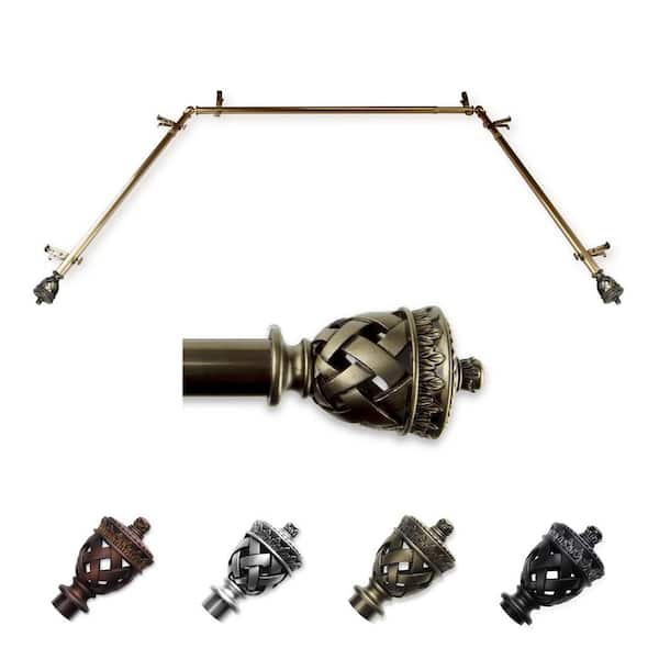 EMOH 13/16" Dia Adjustable 20"-36", 38"-72" Bay Window Curtain Rod with Pablo Finials in Antique Brass