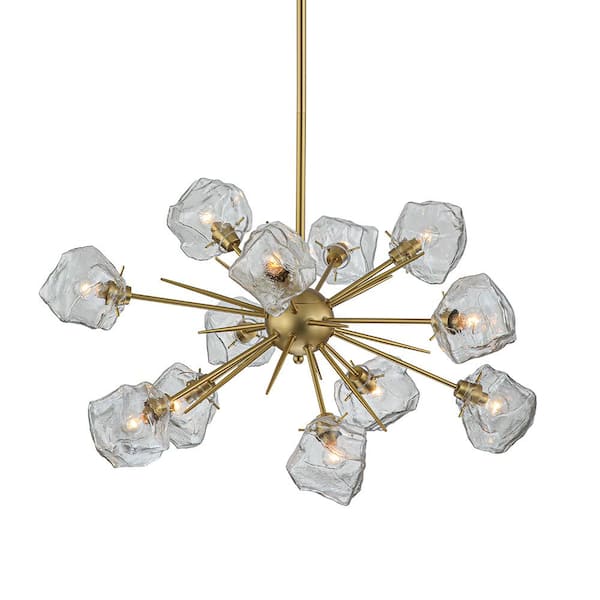 HUOKU Irreg 31.5 in. 12-Light Dandelion Brushed Gold Chandelier Sputnik Hanging Light with Irregular Clear glass for Kitchen