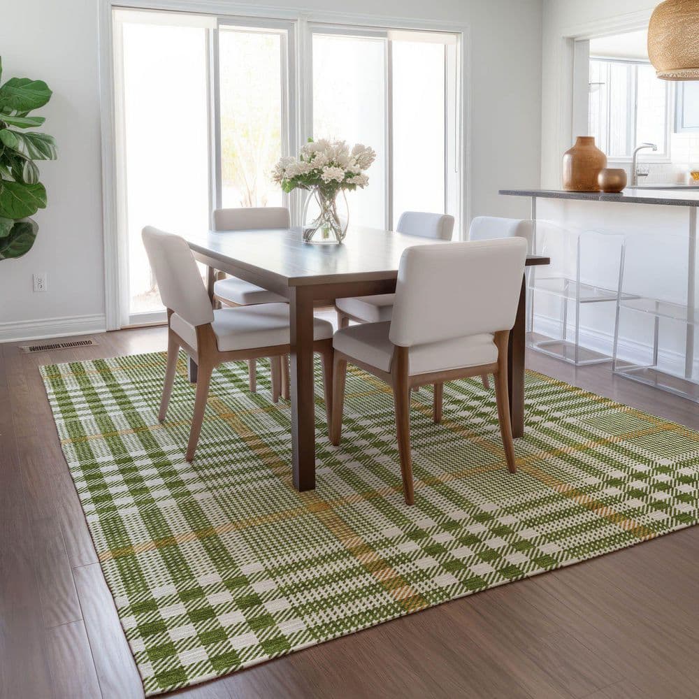 Olive and Beige Plaid Machine Washable Indoor/Outdoor Rug 2'6" x 3'10"