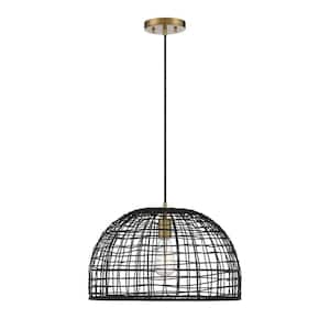 18 in W x 12 in. H 1-Light Black with Natural Brass Accents Shaded Pendant Light