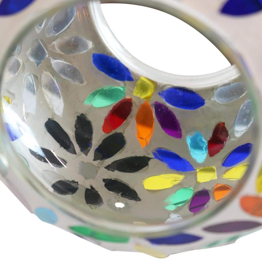 6-Inch Round Glass Mosaic Hanging Bird Feeder with Rainbow Daisies