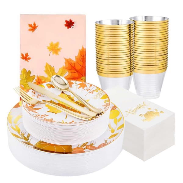 176-Piece White Plastic Silverware Set Maple Leaves Design, w/ 50 Plates 75 Utensils, 25 Cups, 25 Napkins, 1 Tablecloth