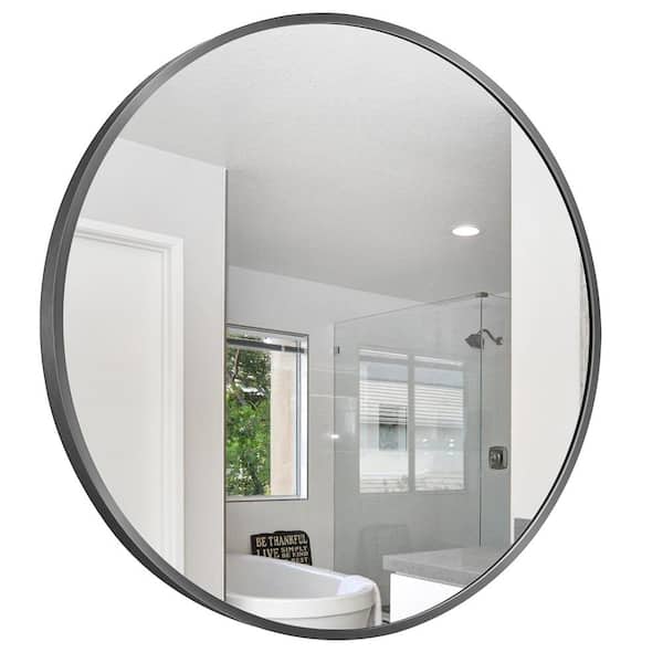 FORIOUS 24 in. W x 24 in. H Small Round Aluminum Framed Wall Bathroom Vanity Mirror in Matte Black