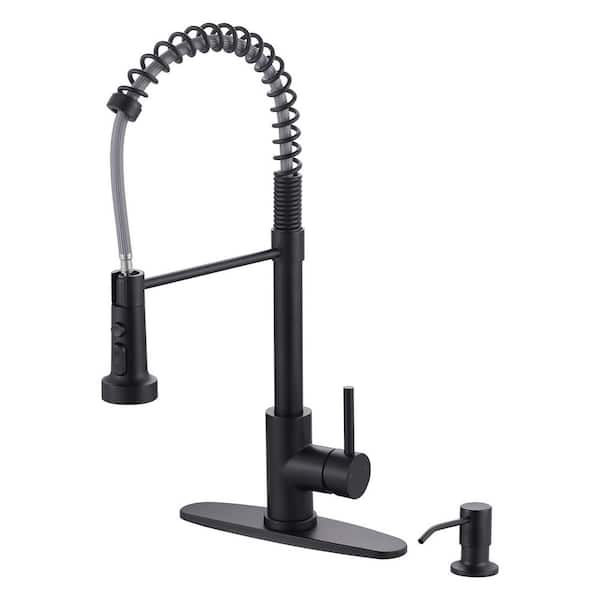 20.3 in. Single Handle Pull Down Kitchen Faucet with Soap Dispenser and 360° Spout Swivel in Matte Black