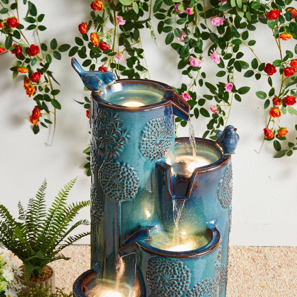 31.75" Turquoise Ceramic 4-Tier Outdoor Fountain with Birds and LED Lights