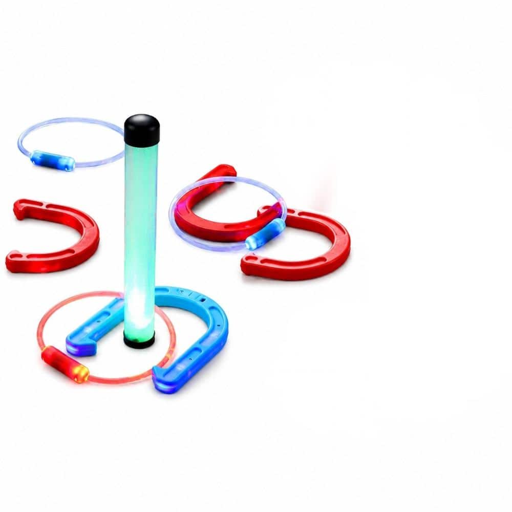 LED Ring Toss Game Set with 4 Horseshoes and 4 Hoop Rings, 12 Pieces, Red, Blue, Green, Outdoor Yard Game