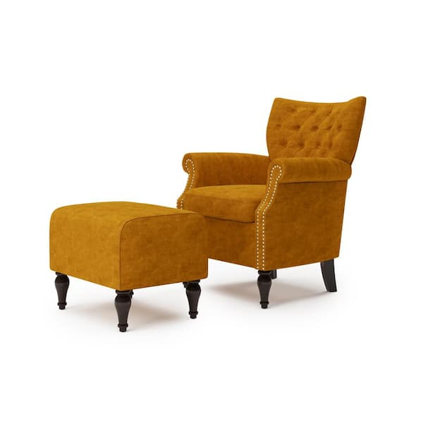 Domesis Button Tufted Rolled Arm Chair and Ottoman Mustard Gold Velvet 