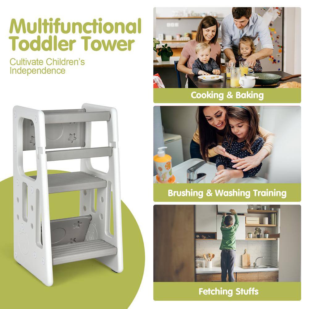 Adjustable Gray Toddler Kitchen Helper Step Stool with Safety Rails