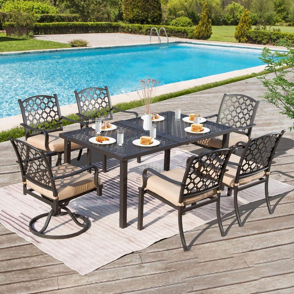 7-Piece Patio Dining Set All-Weather Metal Modern Outdoor Dining Set with Table and Beige Cushions price history on PriceWatchPro