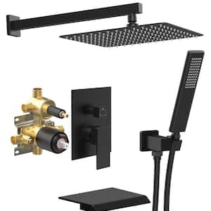 12 in. 1-Jet Shower System with Fixed and Hand Shower Head Tub Faucet in Matte Black