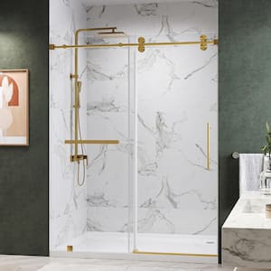 Radiance 60 in. W x 76 in. H Single Sliding Frameless Shower Door in Brushed Gold Towel Bar with 3/8 in. Clear Glass