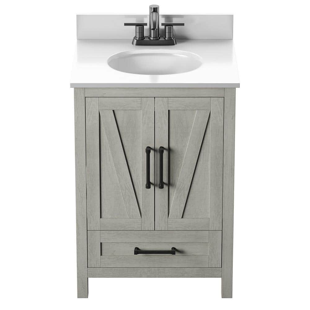 Rustic Oak Bathroom Vanity with White Stone Top and Basin