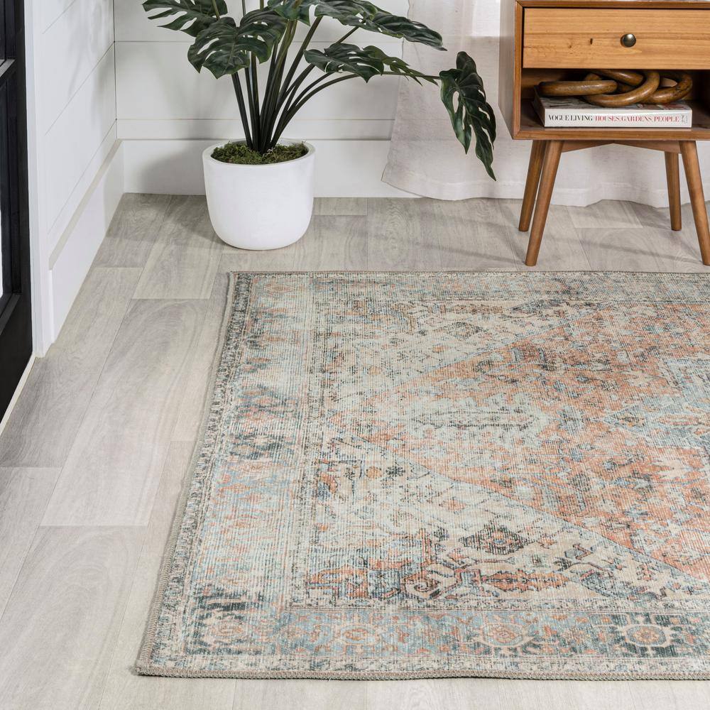 Armae Distressed Blue and Orange Chenille Washable Area Rug