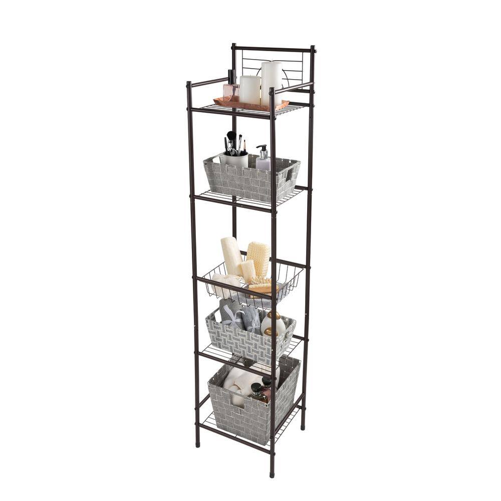 Bronze 5-Tier Freestanding Bathroom Storage Shelf with Basket