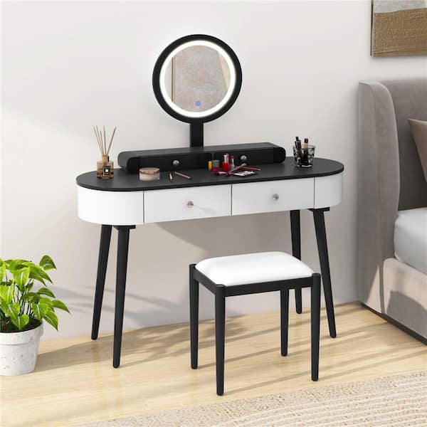 2-Piece Black and Brown Makeup Vanity Set with LED Lighted Mirror Drawers Cushioned Stool